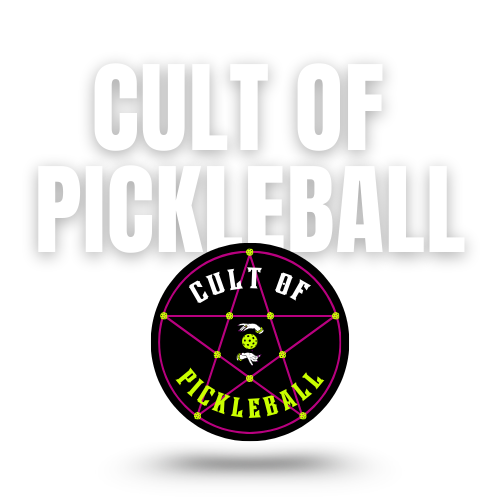 White font saying Cult of Pickleball with a black and neon logo