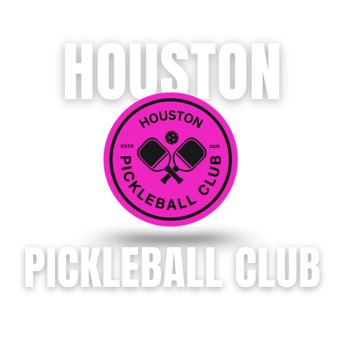 White font saying Houston Pickleball club with a hot pink circular logo in the middle
